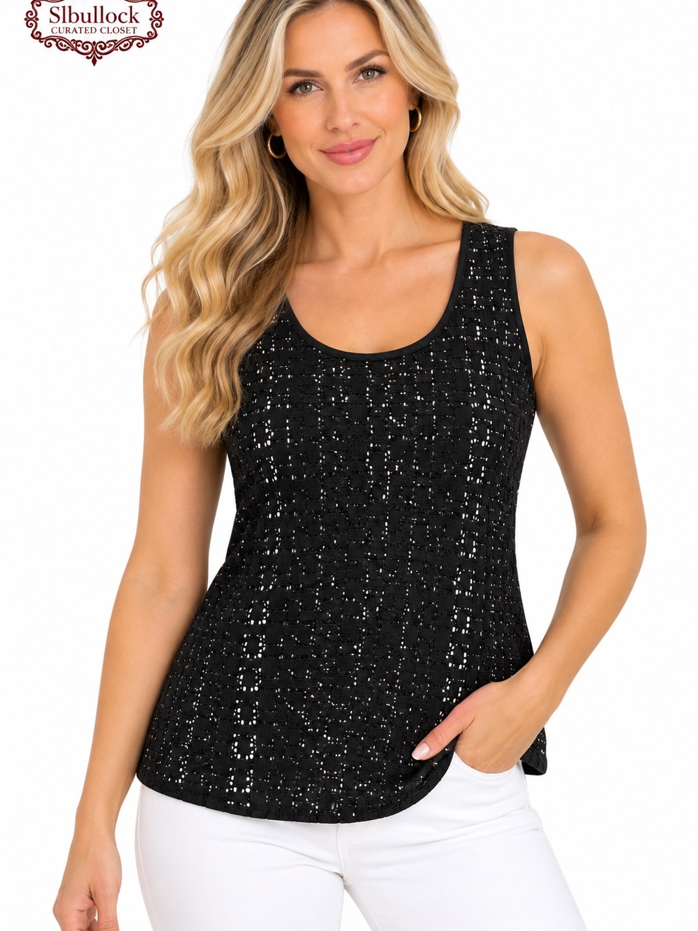 A41 Ann Taylor Black Lace Overlay Sleeveless Blouse Scoop Neck S